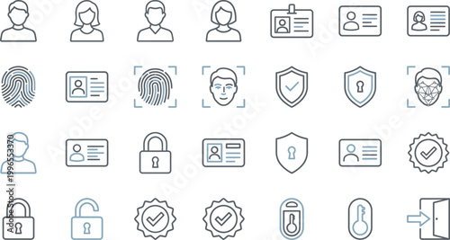 Collection of security icons featuring user profiles, identification, biometric scans, locks, and access control symbols.