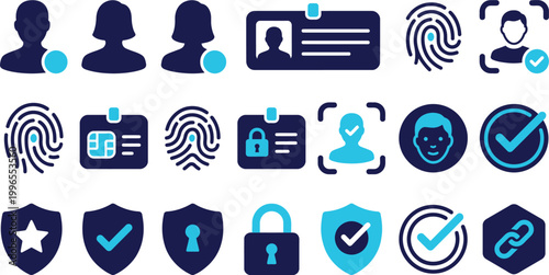 A diverse set of digital identity, user security, and biometric authentication vector icons for technology applications.