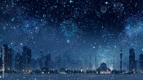Eid ul azha night celebration 2025 2026 snowy city sky stars midnight