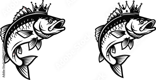 Black and White Crown Bass Fish Jumping Silhouette Set Featuring Detailed King Fish with Royal Crown in Bold Vector Design for Fishing, Sport and Mascot Logo Concepts