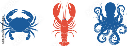 Colorful Seafood and Ocean Creature Silhouette Collection Set Featuring Blue Crab, Red Lobster and Blue Octopus in Flat Vector Design for Marine, Food and Nautical Concepts