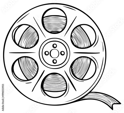 Film reel sketch in black and white featuring film, history, cinema, and entertainment. The drawing conveys a vintage, old, and aged theme.