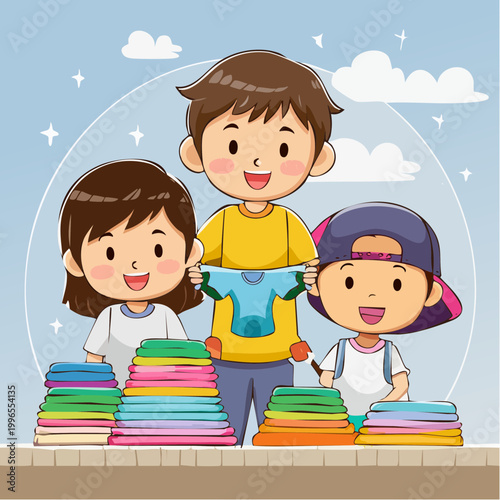 Father and Children Folding Laundry Together