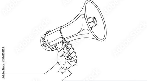 Continuous Single Line Drawing of Hand Holding Megaphone Bullhorn in Minimal Black Outline Vector Design for Announcement, Communication and Marketing Concepts