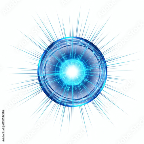 A vibrant blue circle with radiant lines on a white background