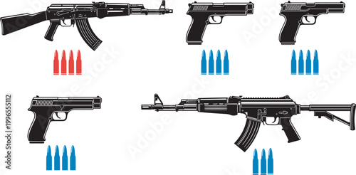 Detailed collection of firearm silhouettes including assault rifles handguns and colored ammunition icons for tactical military and self defense concepts cad drawing flat vector illustration