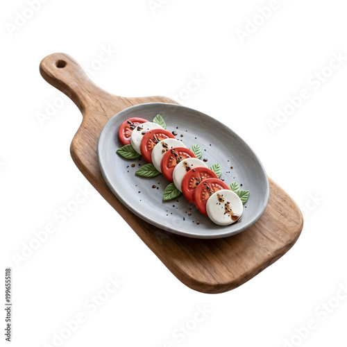 Fresh Caprese Salad with Tomato Mozzarella and Basil on Wooden Board 3D Illustration Isolated PNG