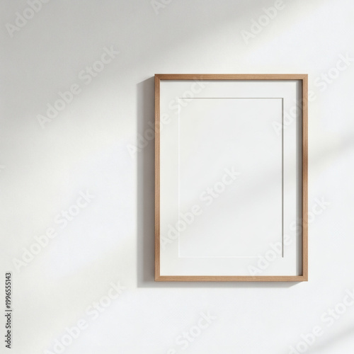 A blank picture frame hanging on a white wall with natural light