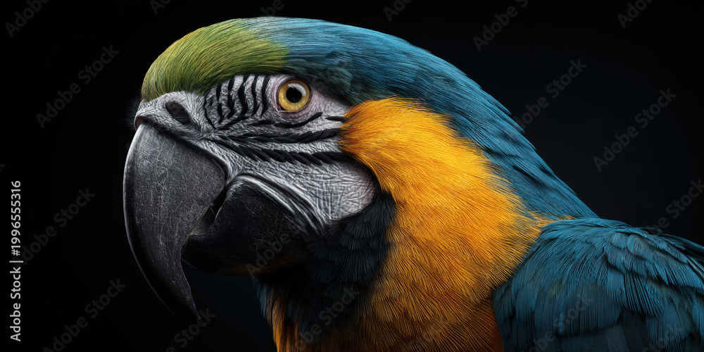 Fototapeta premium Blue macaw portrait tropical bird colorful plumage beak close up wildlife exotic animal feather black background profile view large parrot yellow chest green head blue wing animal face avian bird