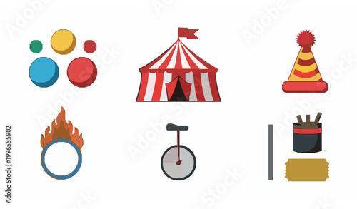 Colorful circus elements vector set with tent juggling props clown accessories isolated on white background for logo and emblem design