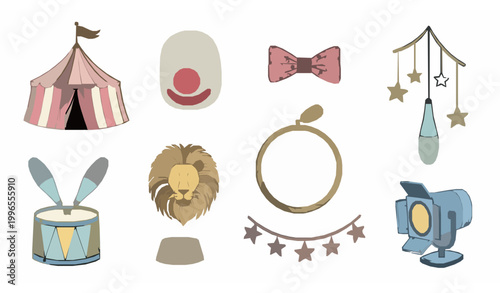 Hand drawn circus doodle elements vector collection with tent clown accessories and show symbols isolated on white