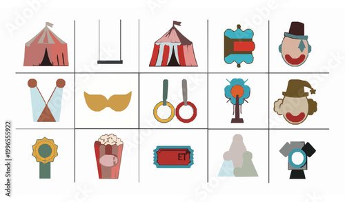 Modern geometric circus icons vector set with tent trapeze clown symbols isolated on white background for branding