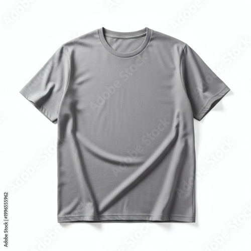 A gray t-shirt laid flat on a white background