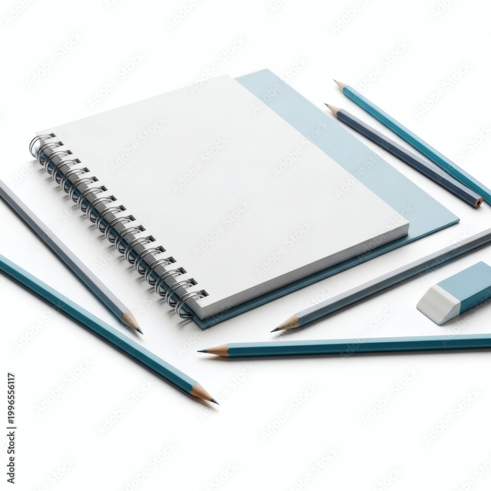 Naklejka premium A spiral notebook and blue pencils on a white background for creative writing
