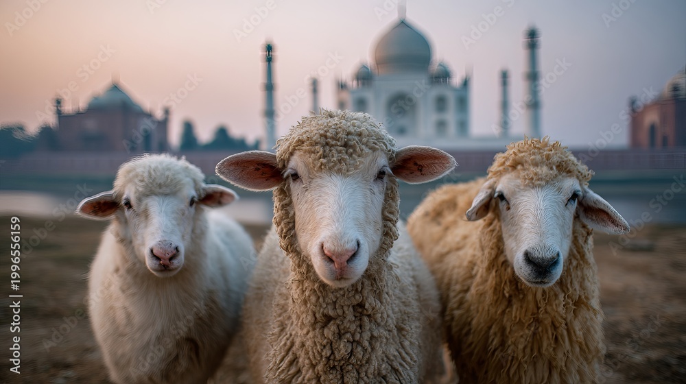 Obraz premium Sheep standing in front of taj mahal with calm gaze toward camera