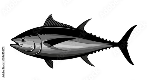 A striking, detailed illustration of a tuna fish, showcasing its sleek, powerful body and iconic fin structure, perfect for aquatic themes