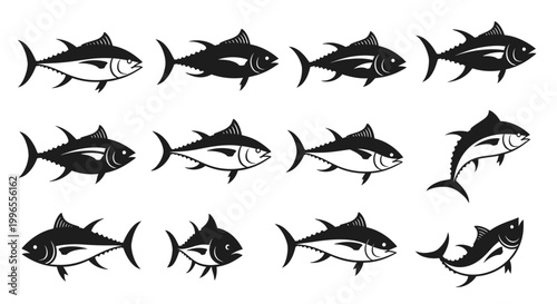 Collection of stylized black and white tuna fish illustrations, depicting various poses and forms, ideal for ocean-themed designs, seafood branding, or fishing industry visuals