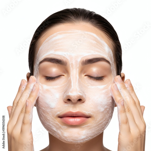 A serene woman applying a facial mask with her eyes closed