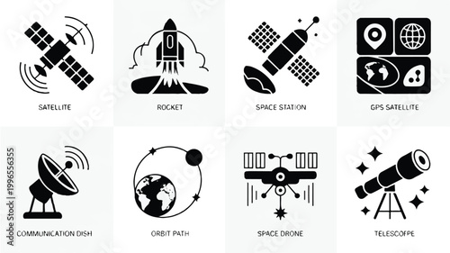 A comprehensive collection of black and white vector icons illustrating space exploration, satellite communication, and astronomical observation tools