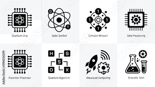 Collection of eight stylized icons representing advanced technology concepts like quantum computing and AI