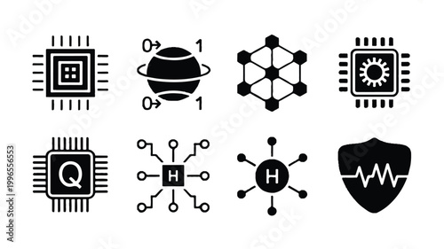 Simple black and white vector line icons illustrating advanced technology, artificial intelligence, data processing, and digital security