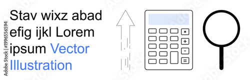Business growth, analytics, financial planning, data research, problem-solving, progress evaluation. Arrow indicating upward movement, calculator magnifying glass. Analytics and financial planning