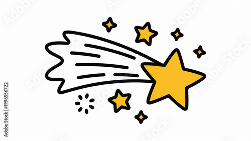Minimalist cartoon illustration of a shooting star, featuring a bright yellow star and a dynamic black outlined tail, symbolizing wishes, magic, and cosmic wonder