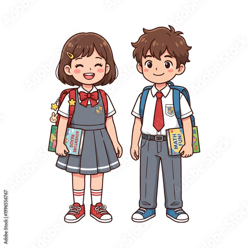 Cute Anime-Style School Children with Backpacks and Books