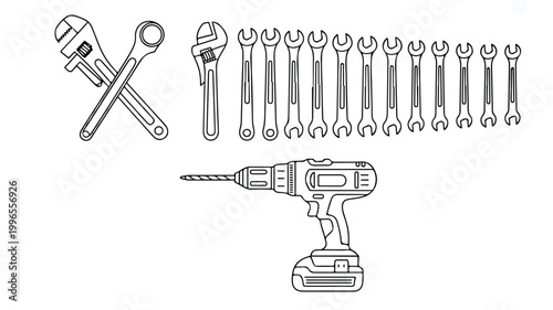 Detailed Line Art Collection of Essential Workshop Tools Featuring Various Wrenches, Spanners, and a Cordless Power Drill for Repair and Construction Projects