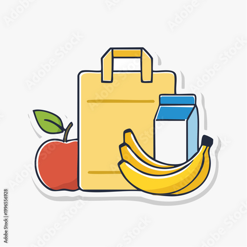 Grocery Bag with Apple, Bananas, and Milk Carton