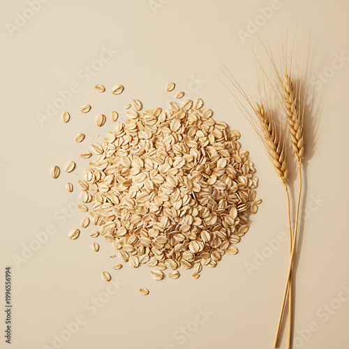 Heap of oatmeal groats and wheat ears on beige background. Dry cereal flakes form mound shape for healthy breakfast meal. Natural food ingredient for porridge and muesli. Healthy Grains / Breakfast 