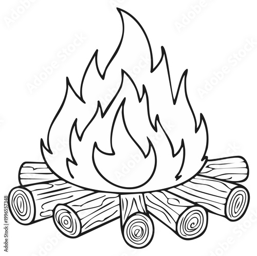 Line art illustration of campfire with flame and logs for coloring book page or clip art vector design