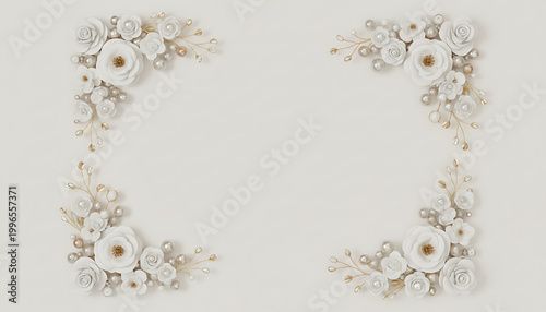 Elegant floral frame with pearl accents borders white space. Creamy white flowers and gold branches create a luxurious border. Ideal for invitations, cards or wedding designs. Elegant Wedding & Event 