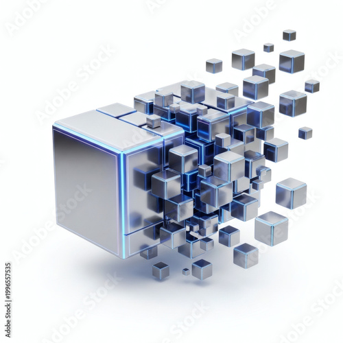 A 3D rendering of a large cube breaking apart into smaller cubes
