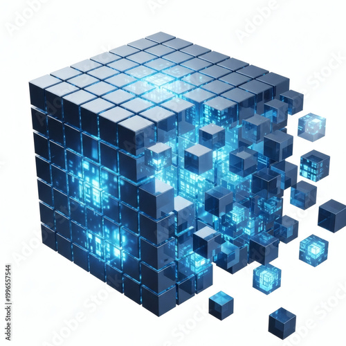 A 3D illustration of a cube made of smaller cubes exploding outward