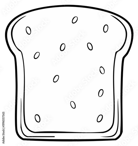 Cartoon slice of bread with seeds, line art, black and white illustration