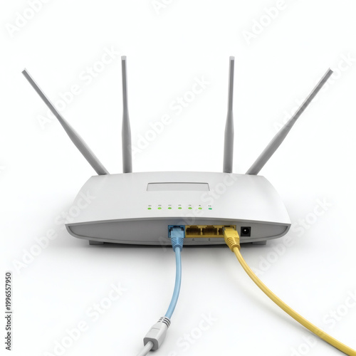 A white wireless router with multiple antennas and cables connected