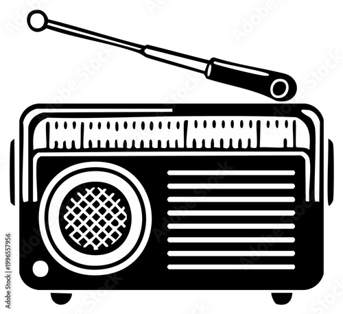 Vintage analog radio broadcasting signal, black and white wireless communication device with retro style antenna and speaker design.