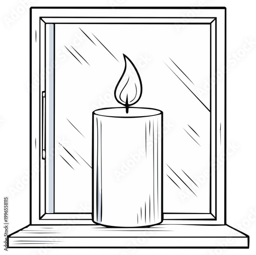 Candlelight Glows Softly Inside Window Frame Simple Line Art Design Illustration
