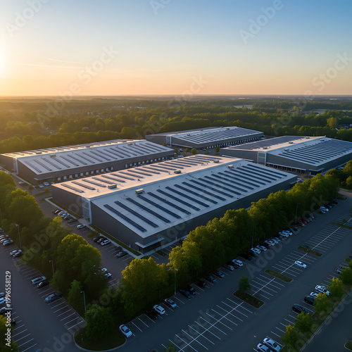 Large modern data center campus with solar panels on rooftops. Buildings arranged in a row, vast parking lots filled with cars, surrounded by green trees and clear sky. Modern Sustainable Business 