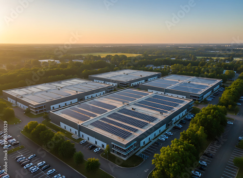 Large modern data center campus with solar panels on rooftops. Buildings arranged in a row, vast parking lots filled with cars, surrounded by green trees and clear sky. Modern Sustainable Business 
