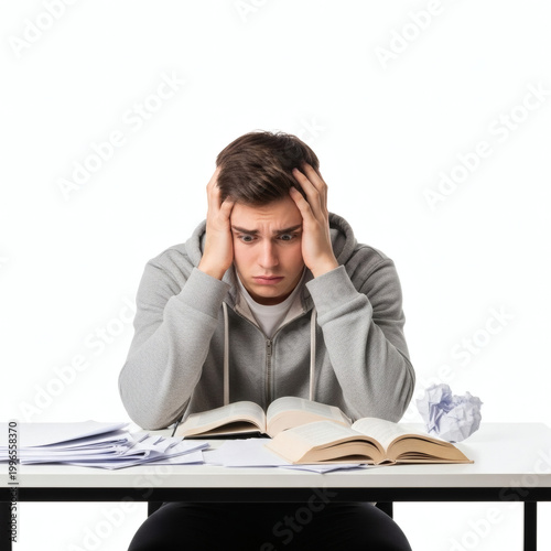 A stressed young man sitting at a desk with books and papers