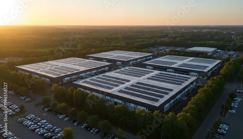 Large modern data center campus with solar panels on rooftops. Buildings arranged in a row, vast parking lots filled with cars, surrounded by green trees and clear sky. Modern Sustainable Business 