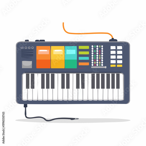 Modern Synthesizer Keyboard with Colorful Buttons and Cables