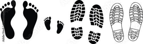 Set of black and white footprints, including bare human feet, baby feet, and shoe sole treads
