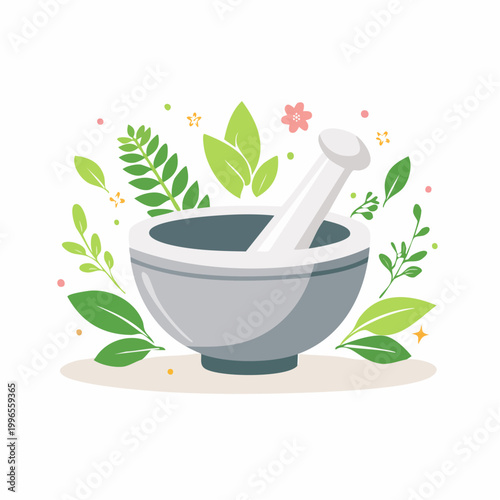 Mortar and Pestle with Herbs and Flowers