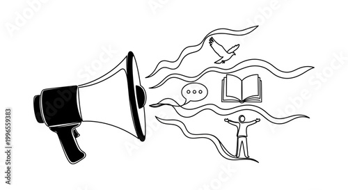 Megaphone with ideas and objects coming out.