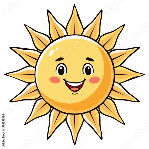 Smiling Cartoon Sun with Spiky Rays. Cute and friendly sunlight radiating joy, happy face with rosy cheeks, perfect for illustration.