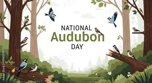 Celebrating National Audubon Day, a detailed vector illustration depicts various birds perched and flying amidst a lush forest setting with tall trees and green foliage, promoting bird