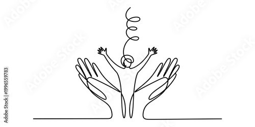 Continuous single line drawing of two large hands holding a happy human person with arms raised high in the air Vector, illustration